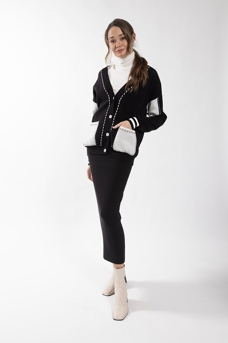 Concept Black/White Stitch Pocket Cardi 418