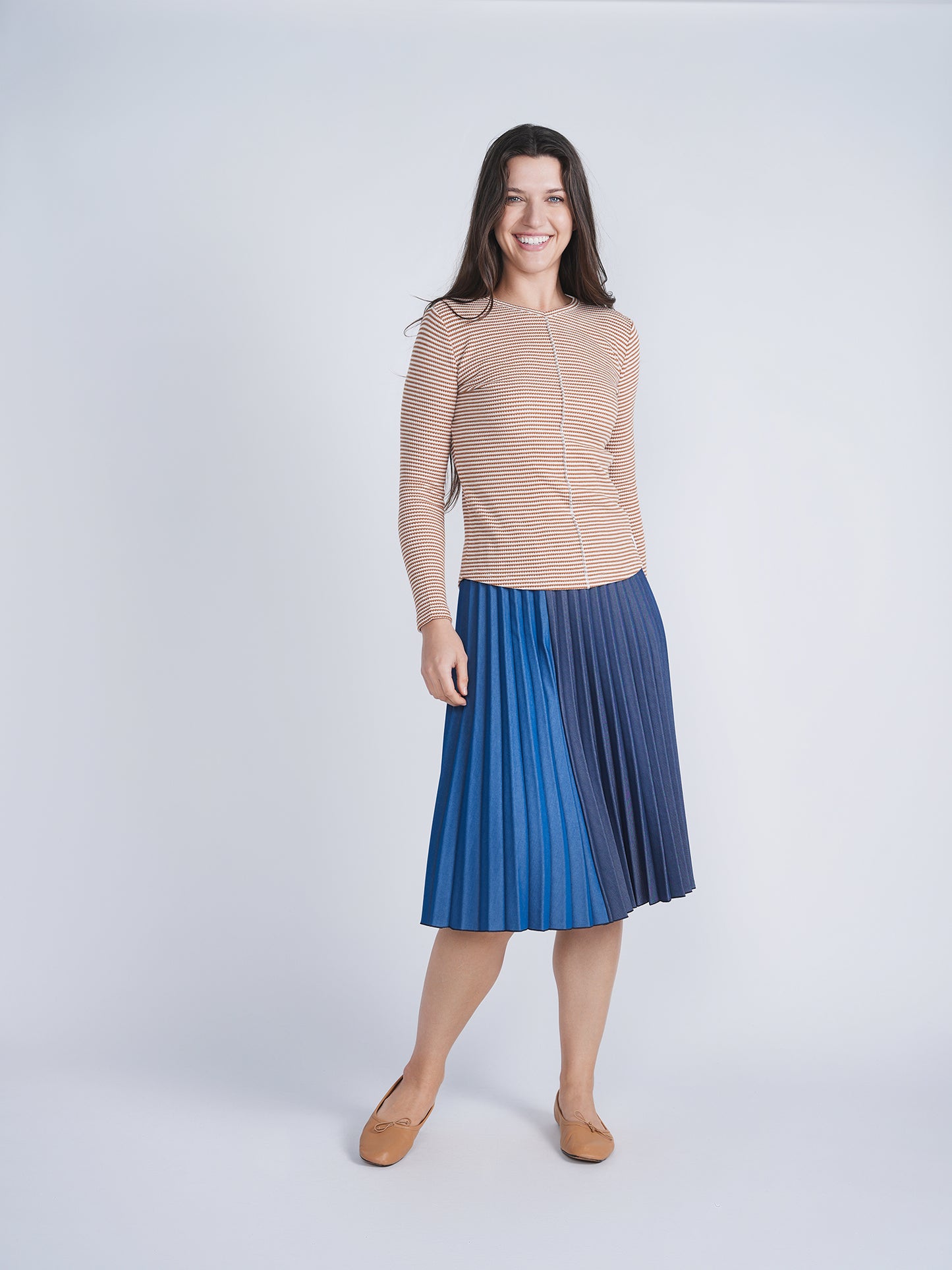 FYI Cognac/White Striped V neck Top SB4CPT5103TV