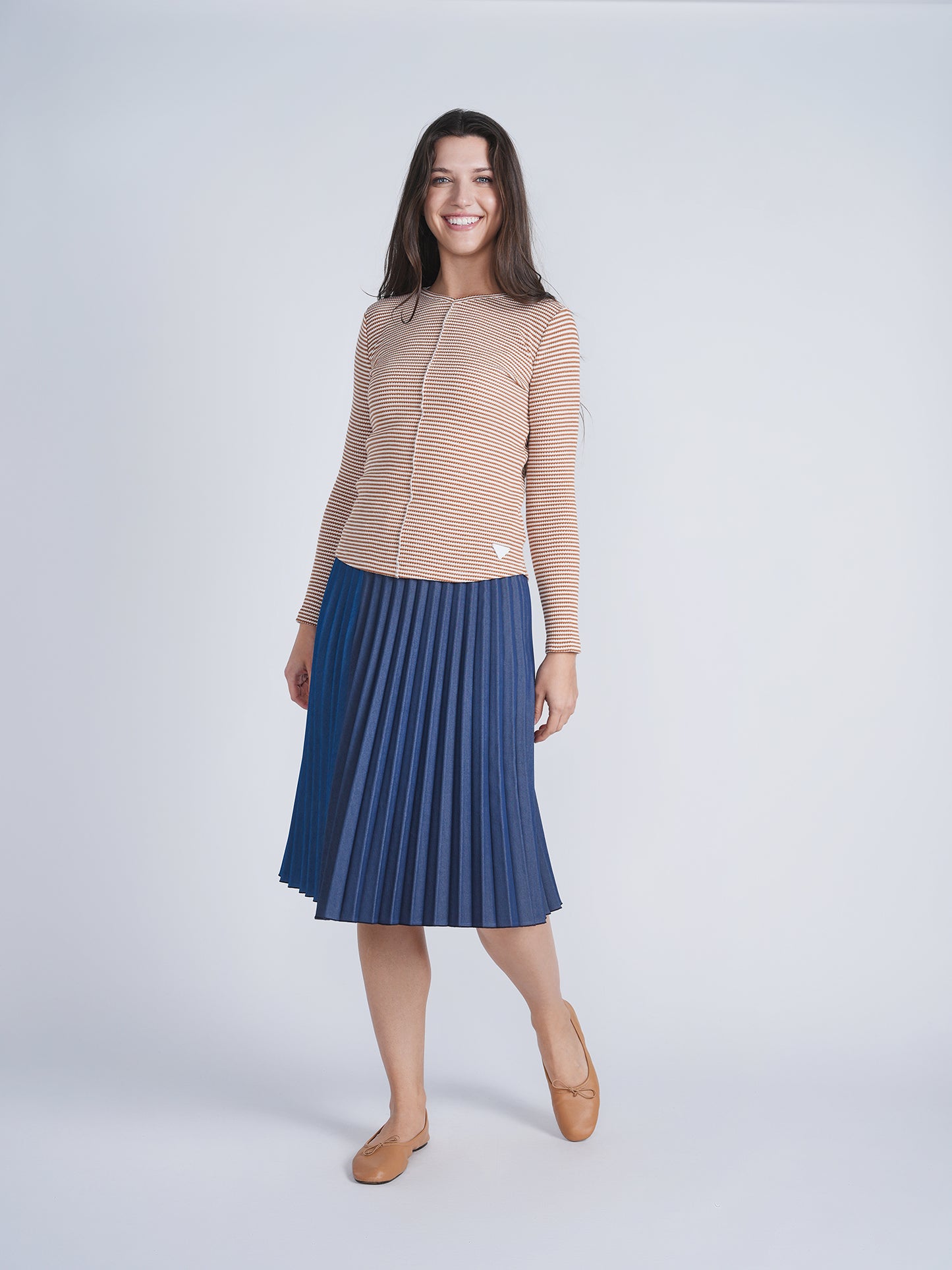 FYI Cognac/White Striped V neck Top SB4CPT5103TV