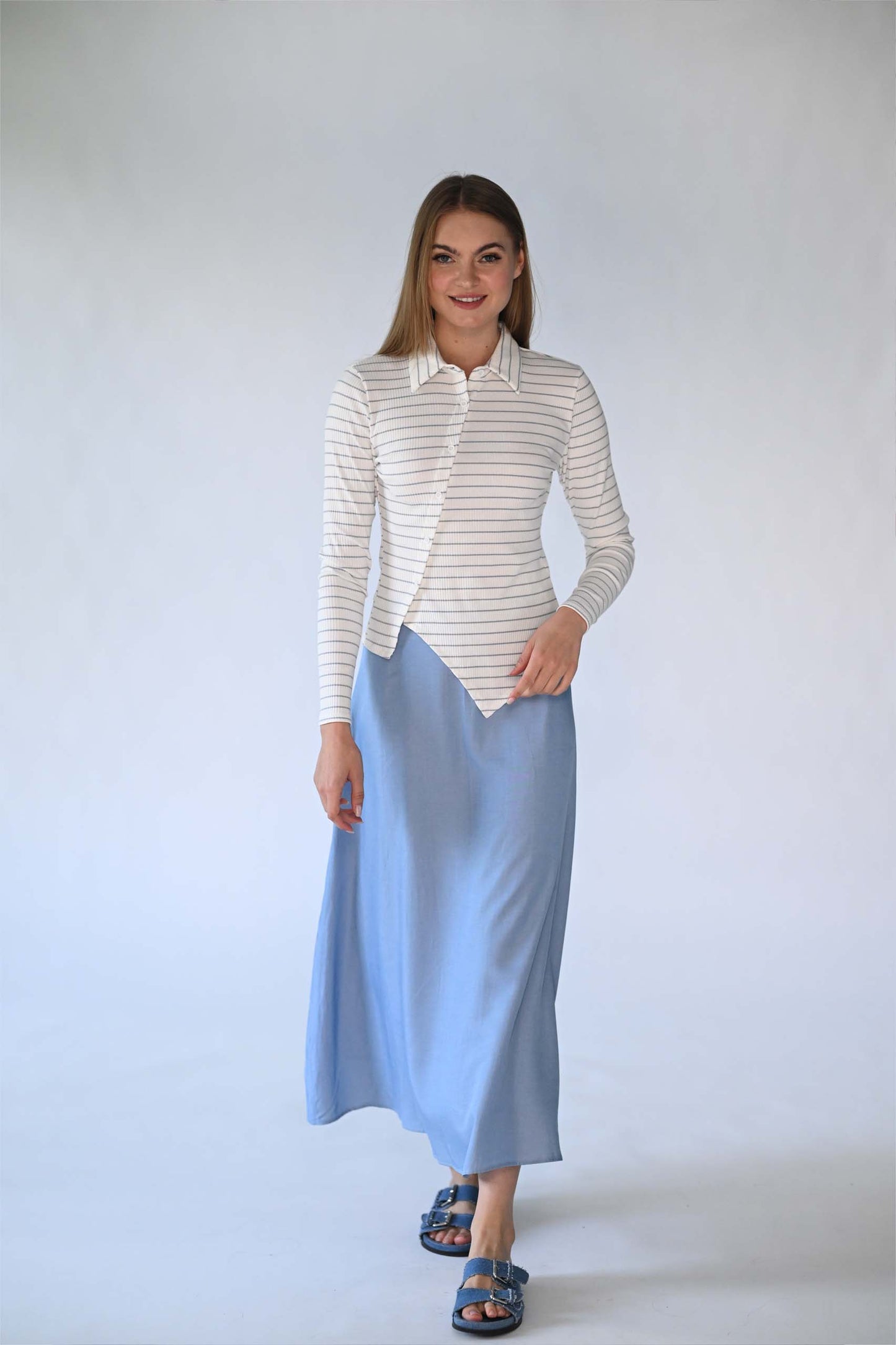 Monn White/Dusty Blue Striped Polo M411WD