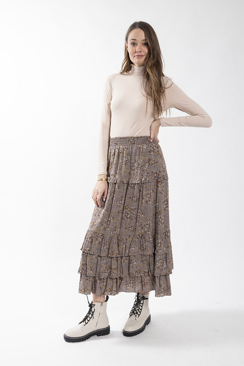 Maple Cliff Taupe Ruffle Tier Floral Skirt 5518