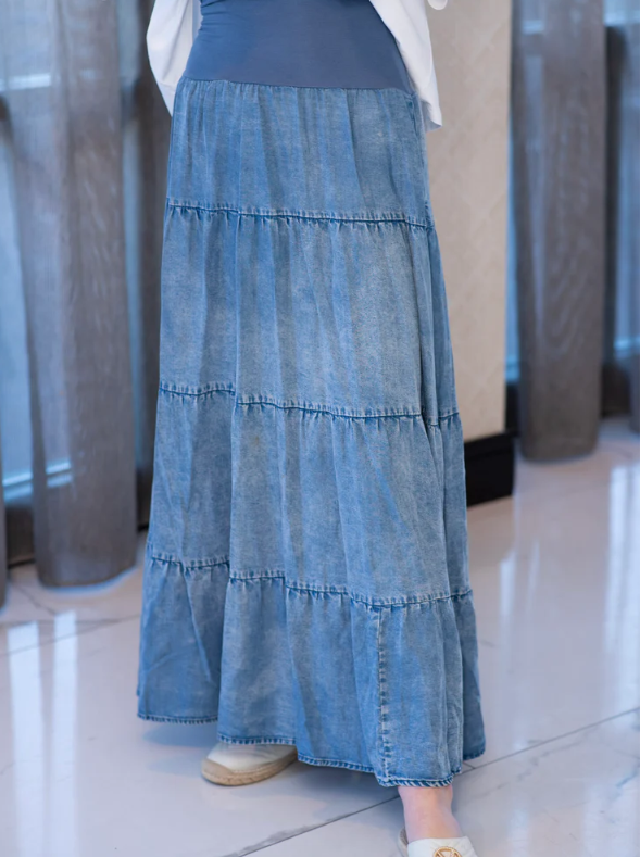 Mayas Place Denim Tiered Maxi Skirt
