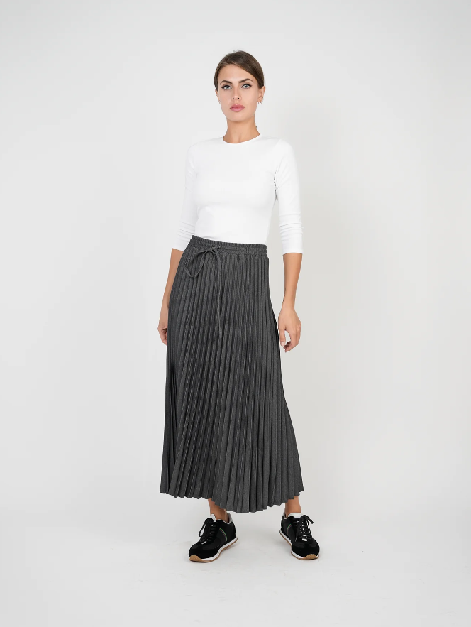 EUX Black Denim Pleated Midi Skirt SB3CM8388SM