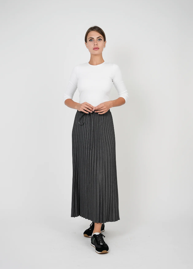 EUX Black Denim Pleated Midi Skirt SB3CM8388SM