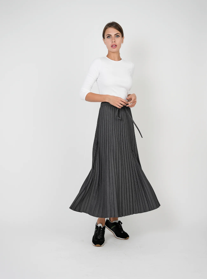 EUX Black Denim Pleated Midi Skirt SB3CM8388SM