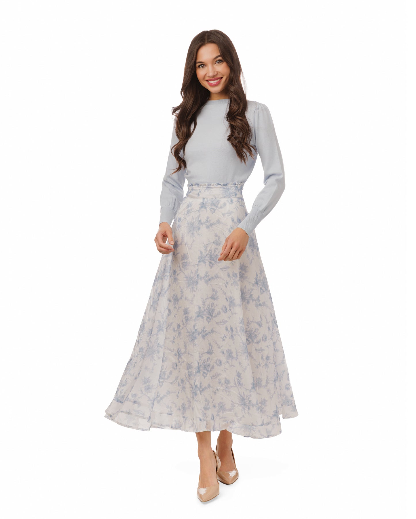 LA Simona Light Blue & White Printed Floral Chiffon Skirt TS6113S-A