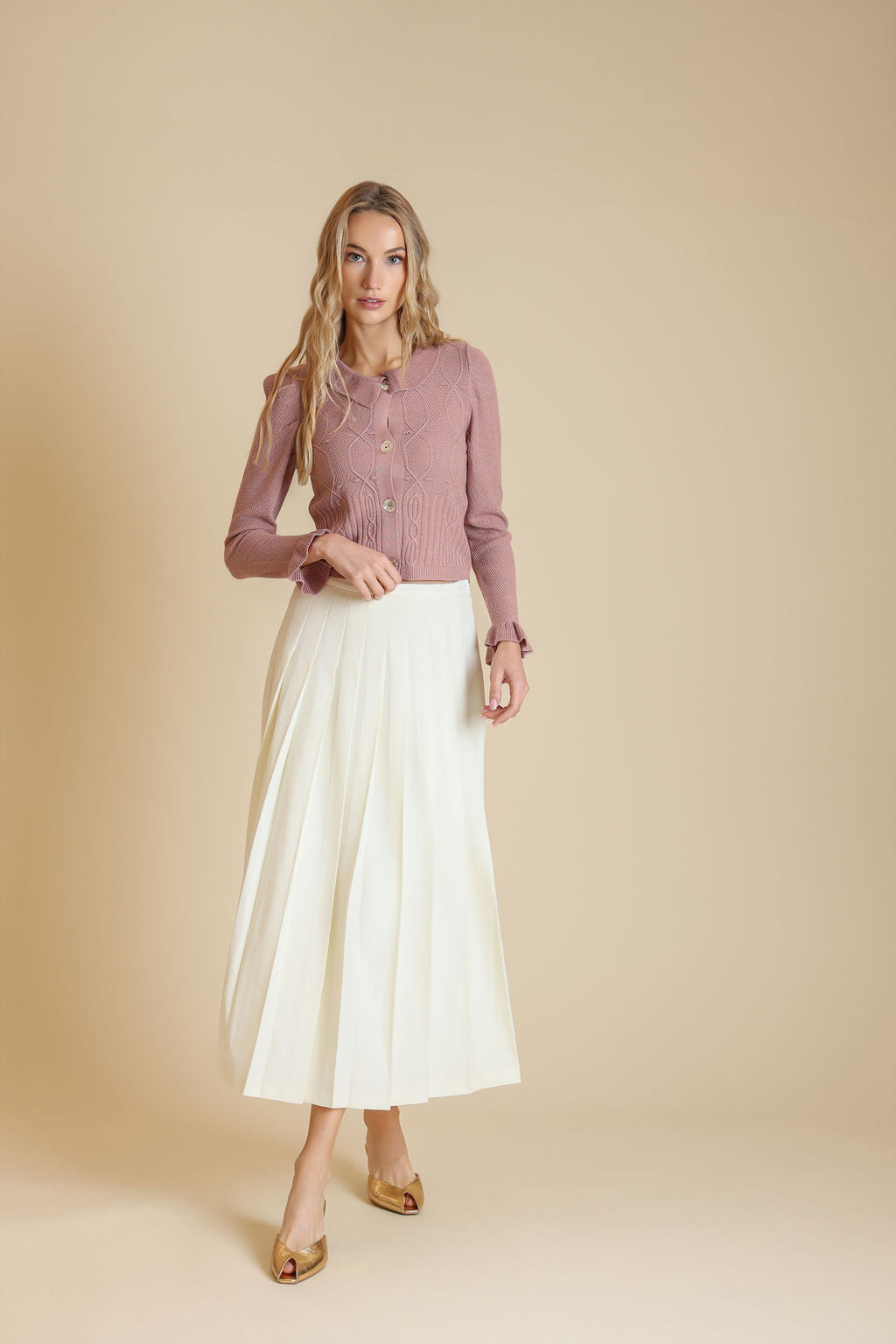 Portrait Mauve Ruffle Knit Cardigan W-25633