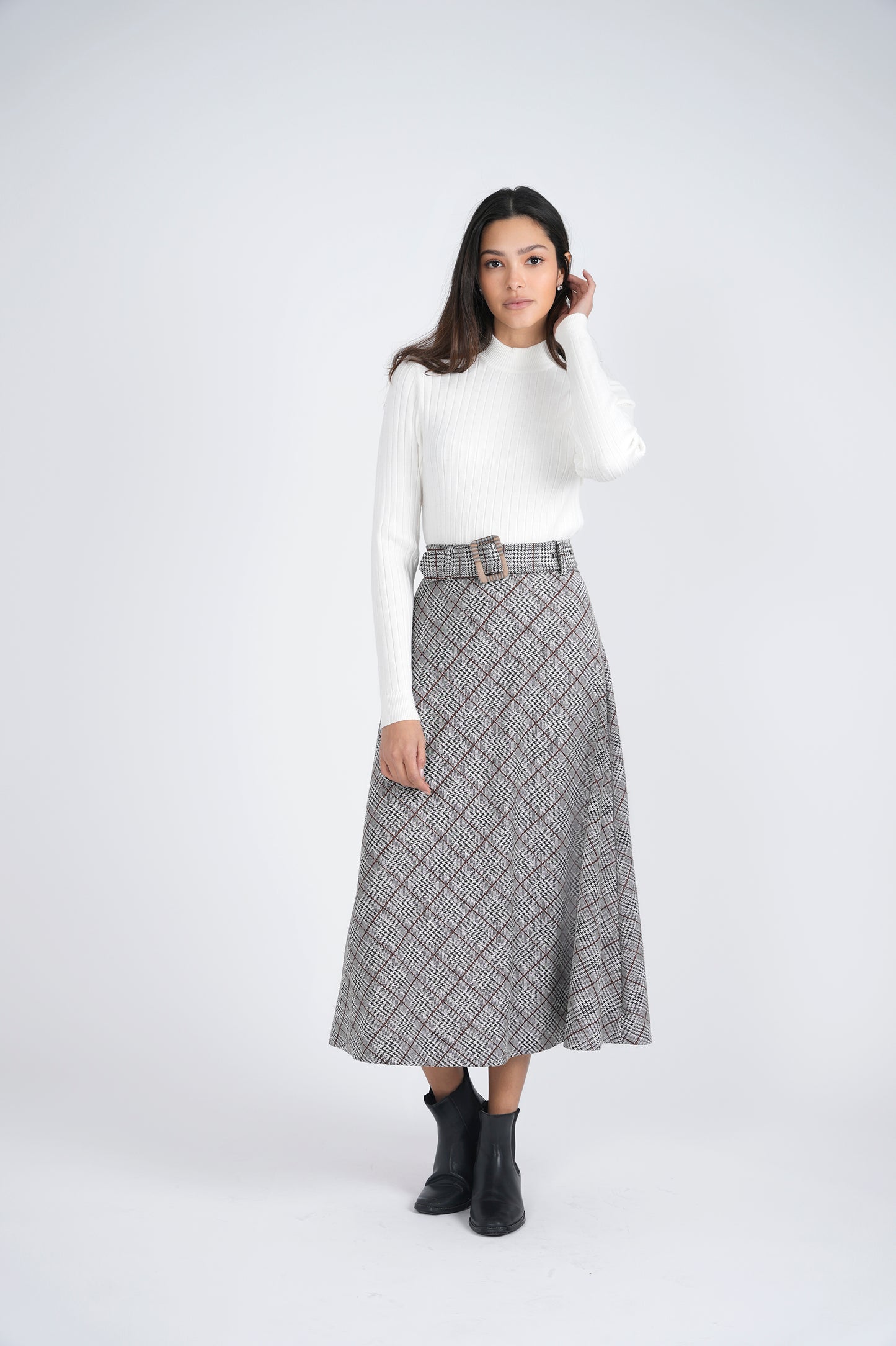 The Norway Club Black Plaid A Line Midi Skirt WB3CM8504SM
