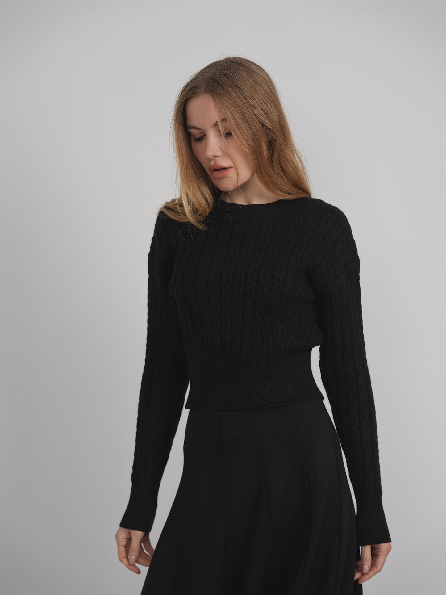BuHu Black Cropped Cable Sweater WB4CM1063TE