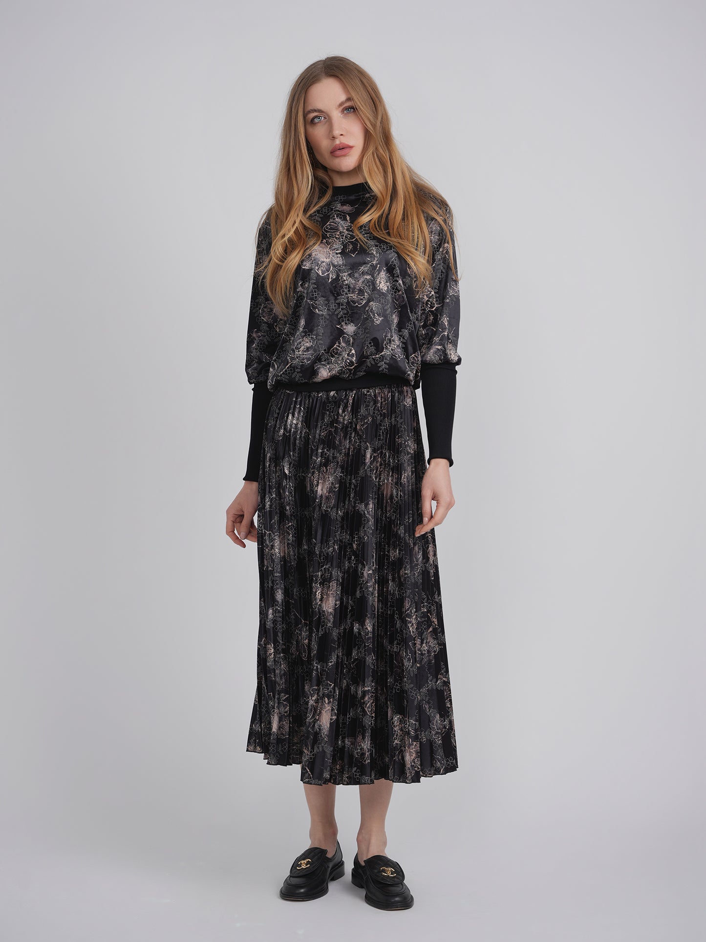 Viva K Blk Printed Velour Accordion Pleated Maxi WB4CM1143SL