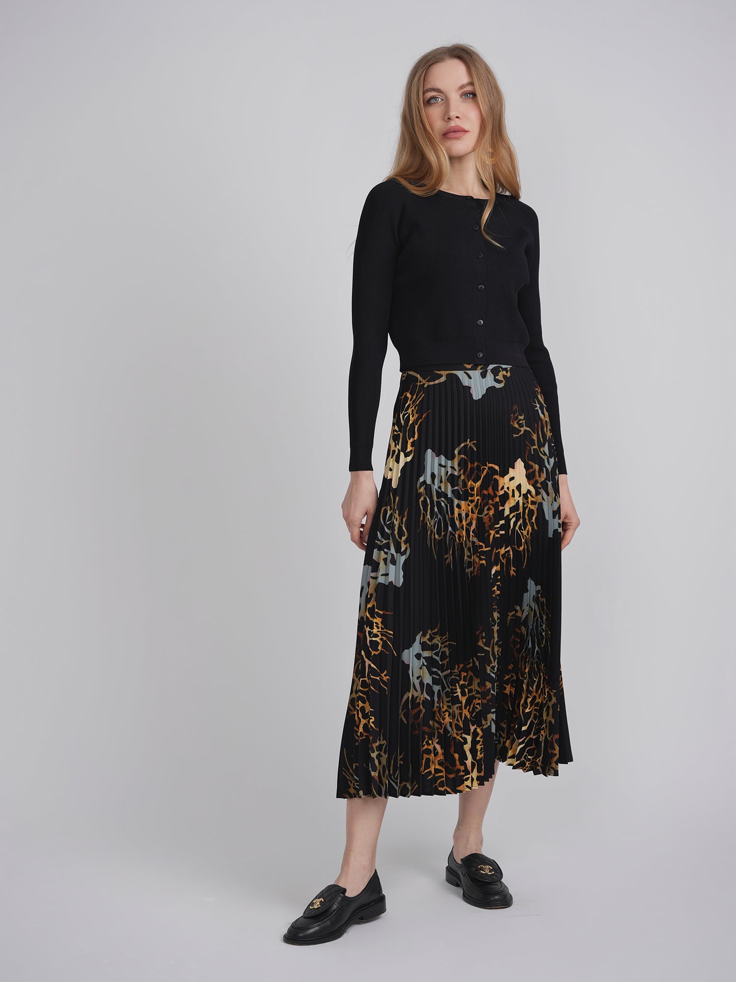 Club Malibu Blk/Rust Printed Chiffon Accordion Midi Skirt WB4CM1161SM