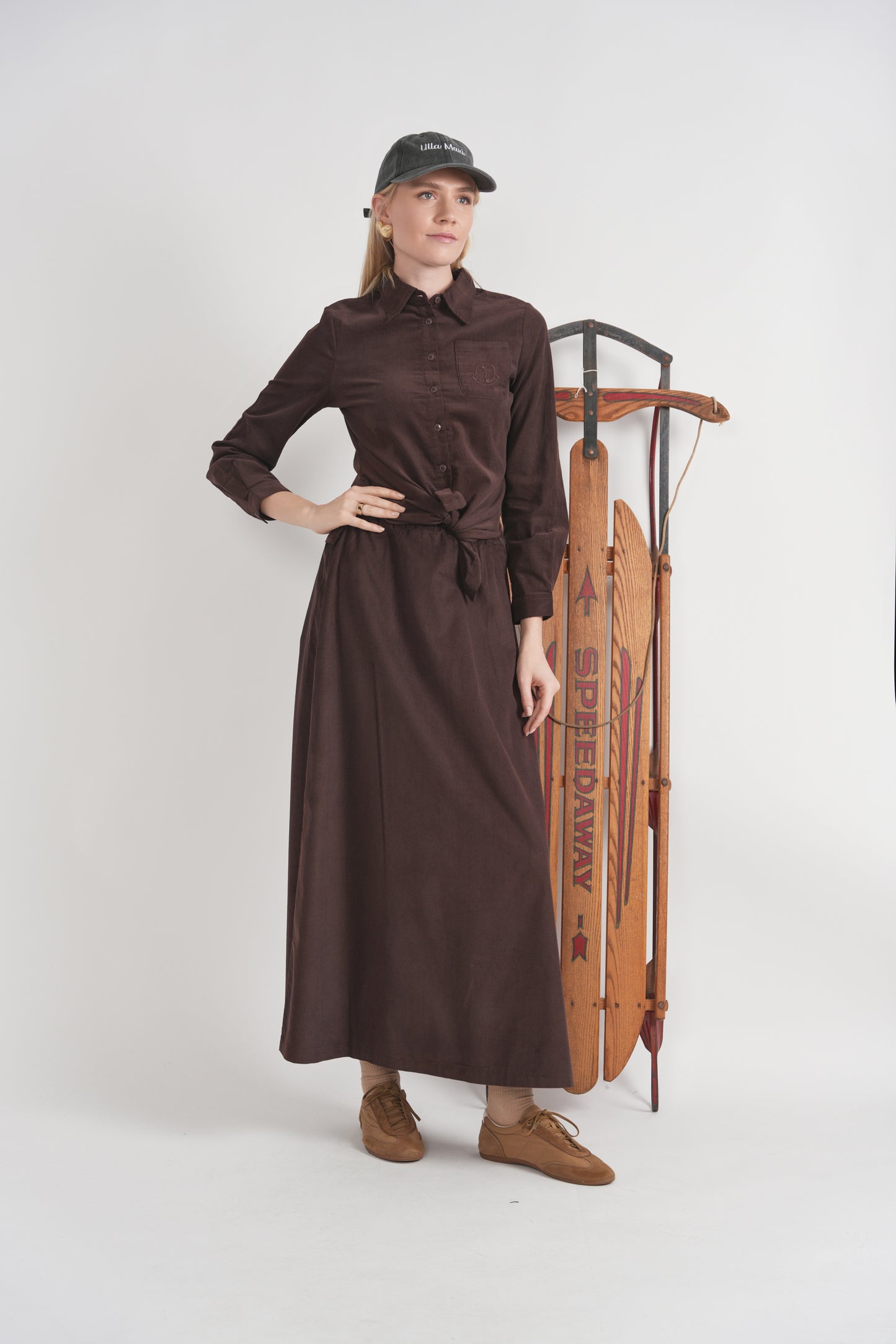 Faves Chocolate Corduroy Belted Panel Skirt WB6CM2249SL