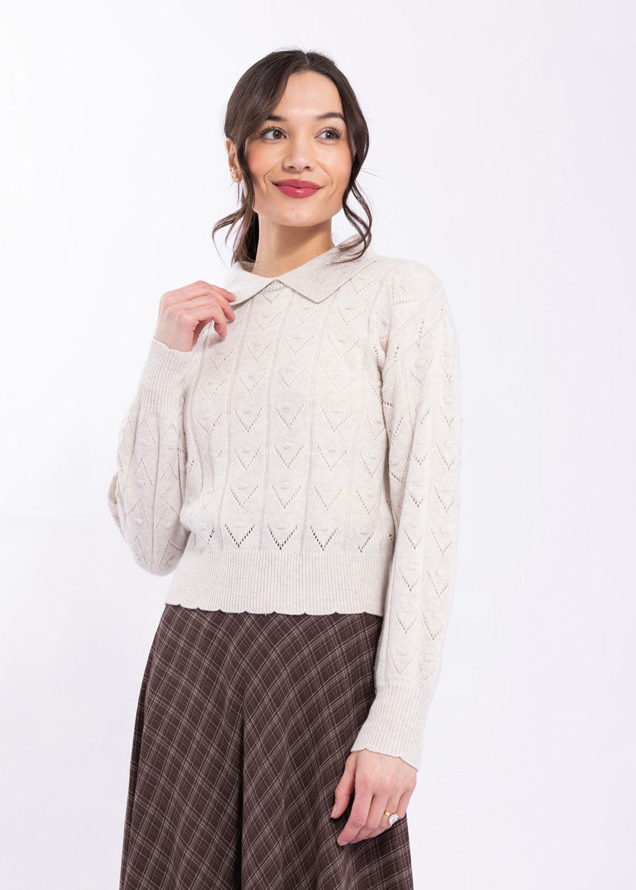 Knitted Ivory Pointelle Sweater with Scalloped Edges KN158