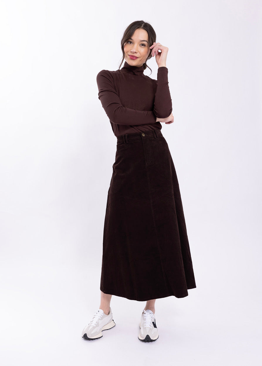 Latitude Brown v Yolk Corduroy Midi Skirt LA632B