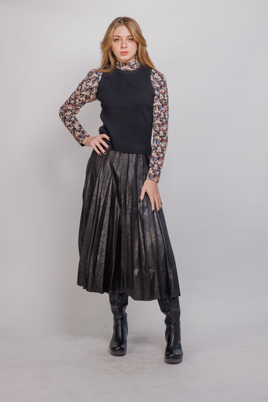 Ivee Black suede/leather  Messy Pleated Midi Skirt 25520