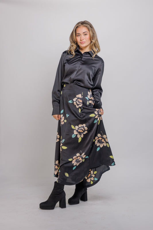 Ivee BLACK/MULTI large floral print maxi skirt 25683