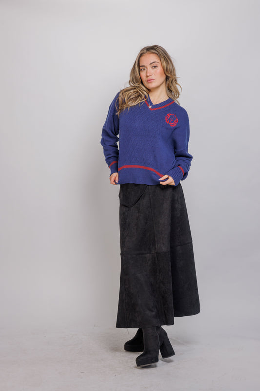Ivee Blue v neck cable sweater with contrast trim 25783