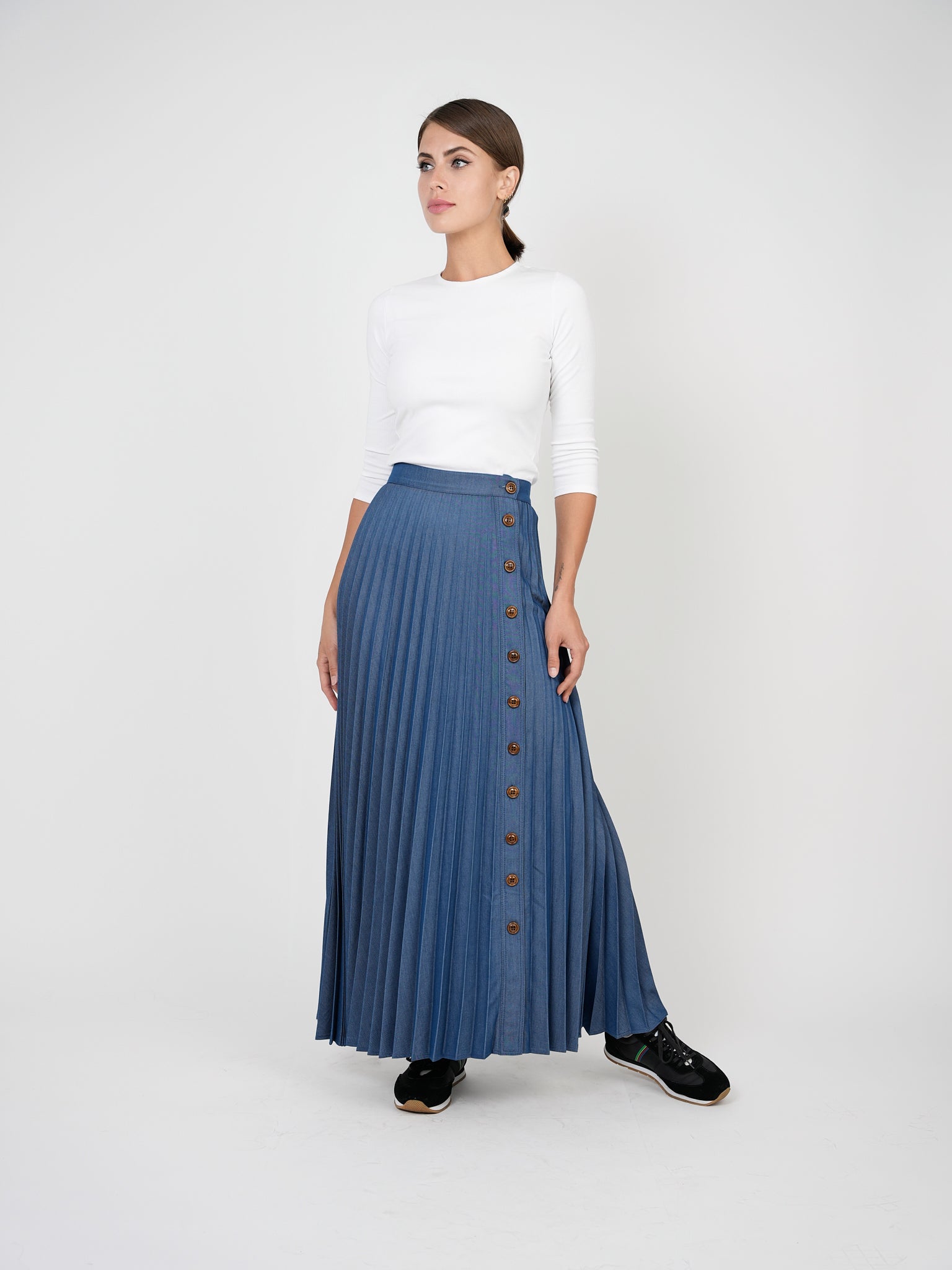 Pleated denim maxi skirt sale