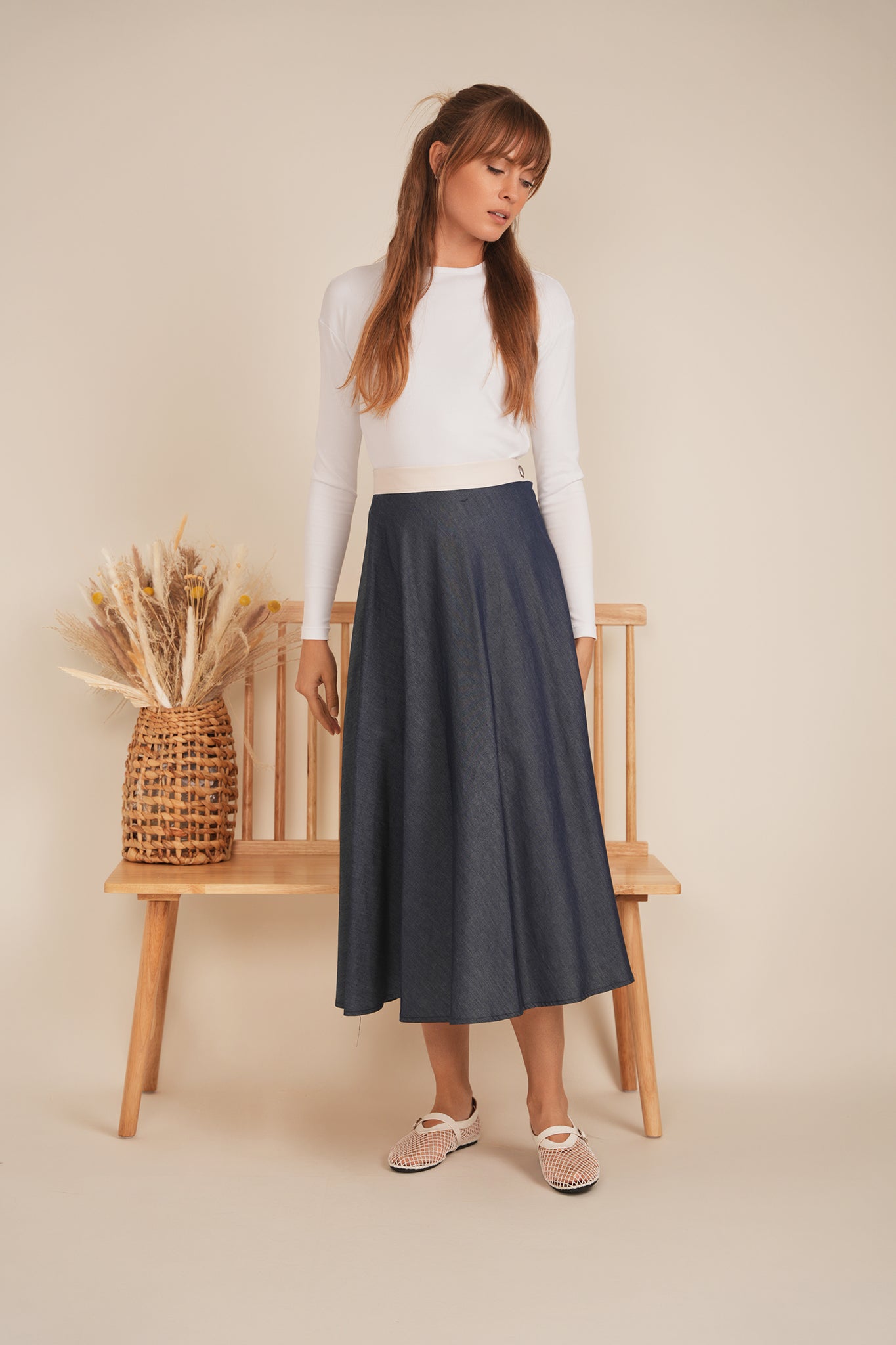 Maxmrkt Denim Skirt With Leather White Waistband DW3M8968ZD