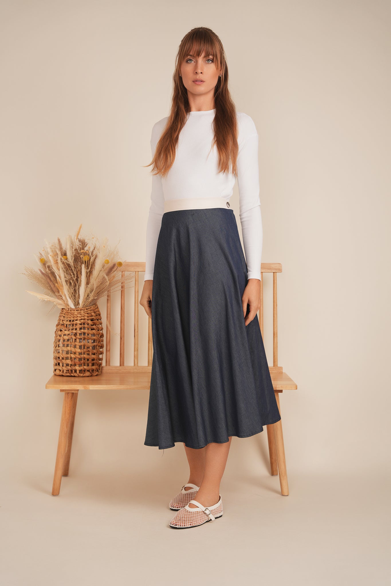 Maxmrkt Denim Skirt With Leather White Waistband DW3M8968ZD