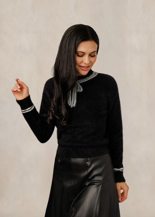 Metallic Black Sweater with Tie TW61230T-A