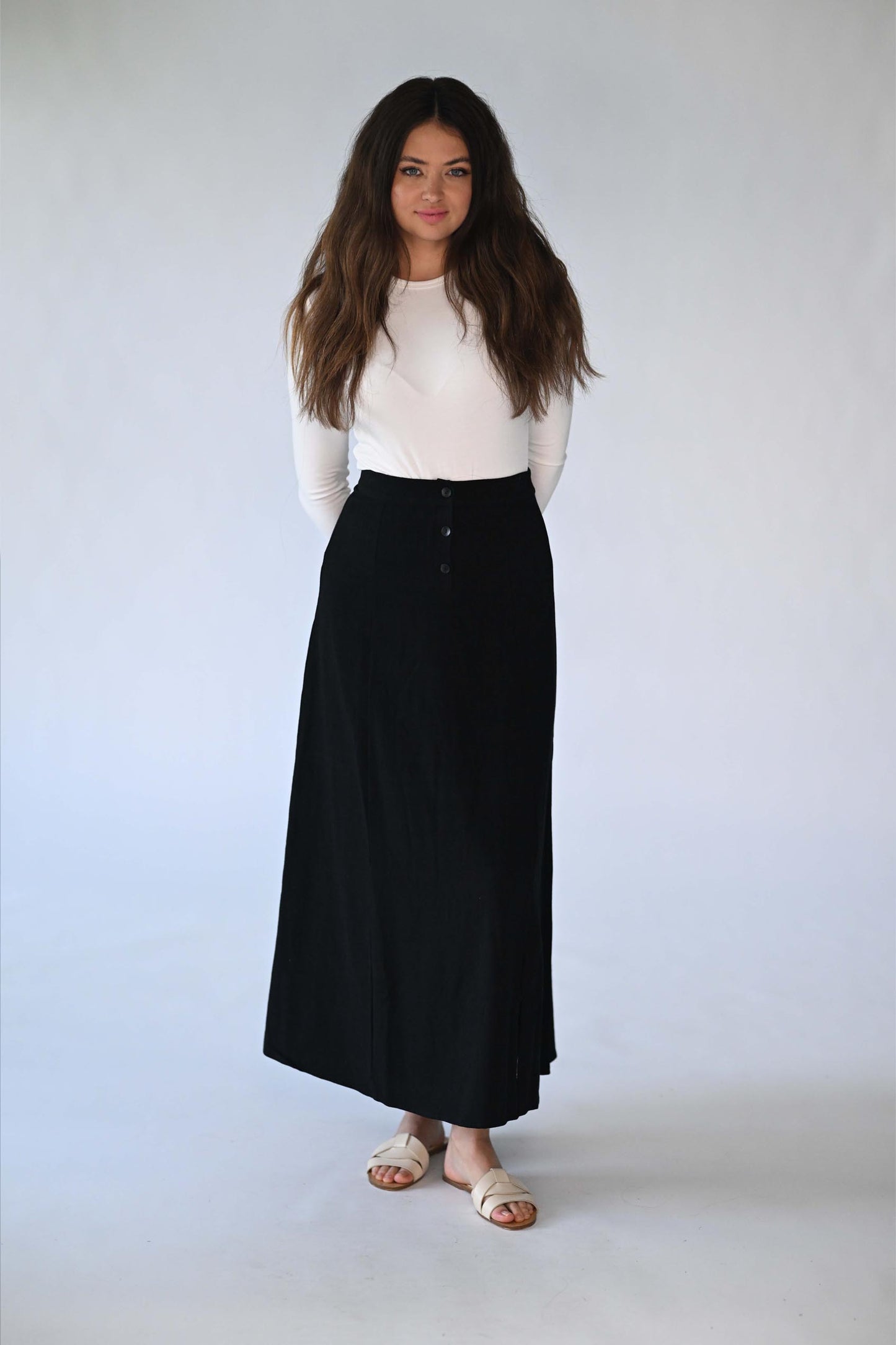 Latitude Black Button Front Linen Skirt LA197B