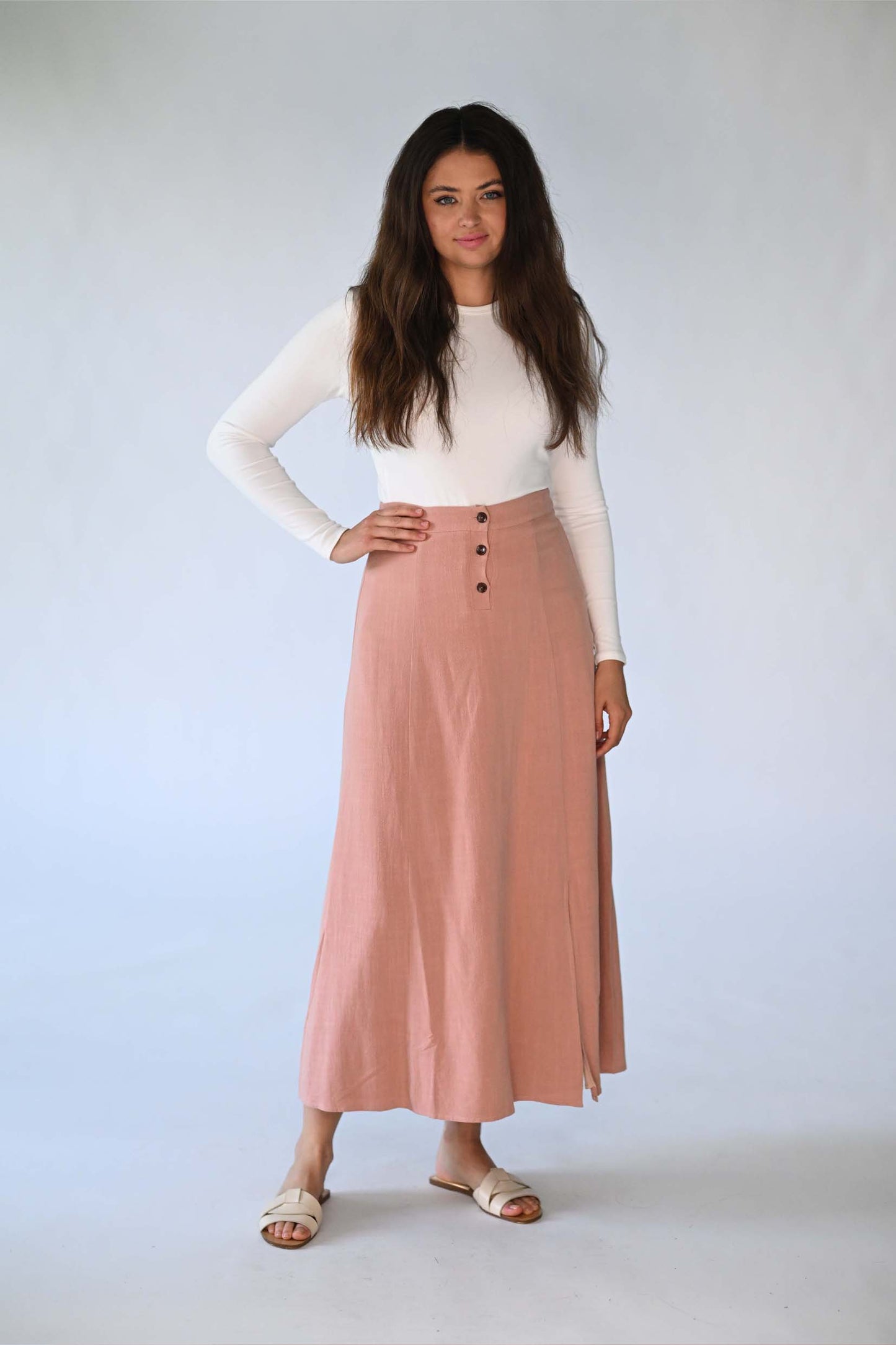 Latitude Rose Button Front Linen Skirt LA197R