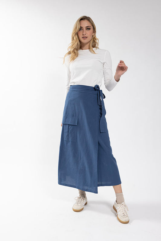 Latitude Blue Linen Wrap Skirt LA313B