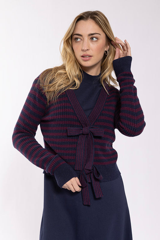 Latitude Navy/Berry Striped Bow Closure Cardi LA361N