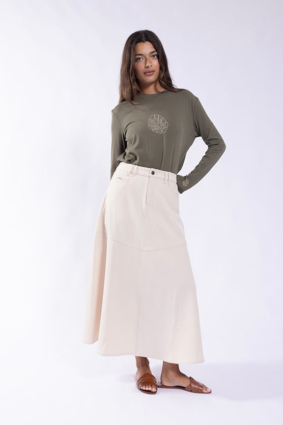 Latitude Beige MIDI SKIRT with V-SHAPED Yoke LA442B