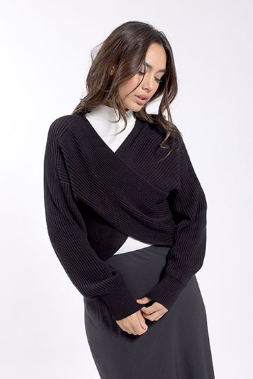 Maple Cliff Black Crossover Knit Sweater MC5608B