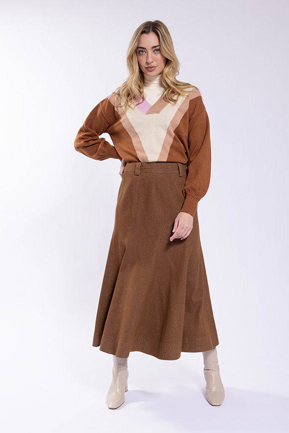 Maple Cliff Chocolate Brown Flair Denim Skirt MC5775C
