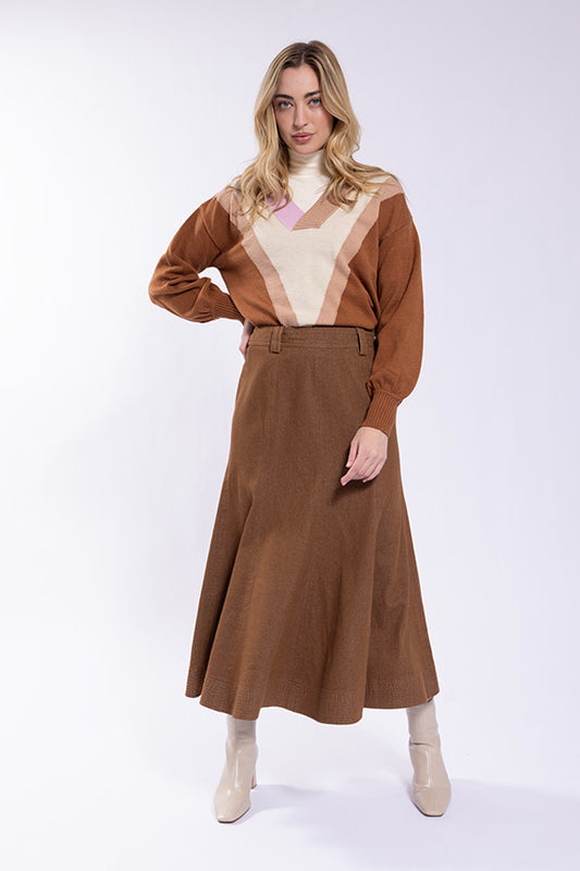 Maple Cliff Chocolate Brown Flair Denim Skirt MC5775C