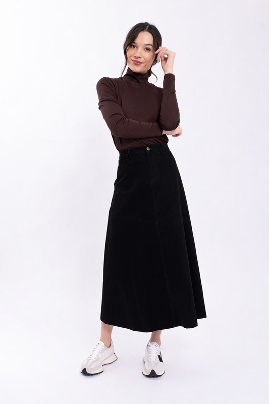Latitude Black v Yolk Corduroy Midi Skirt LA632B