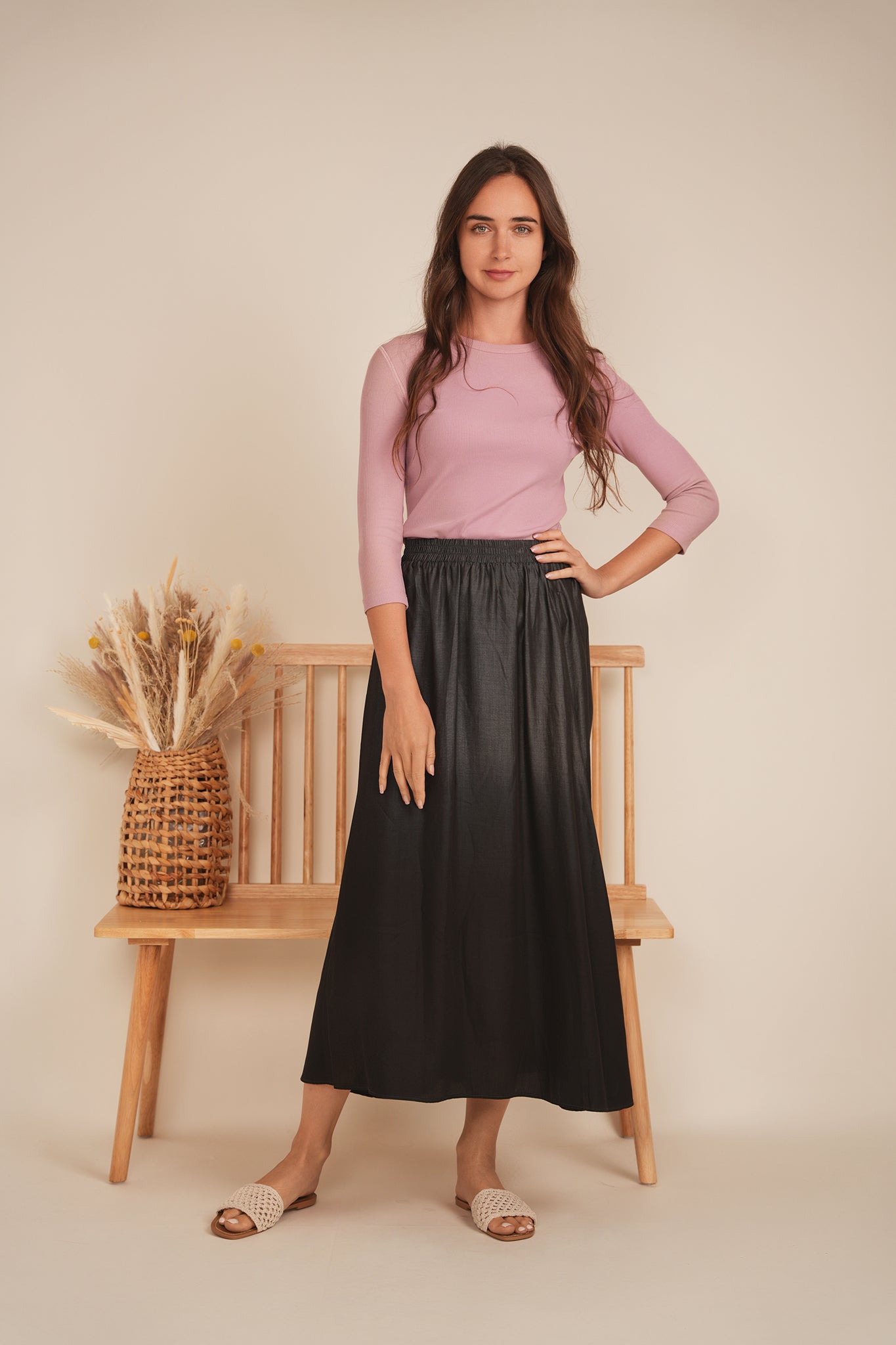 Midi Blk Denim Wash Ombre Midi Skirt SB5CM1252SM