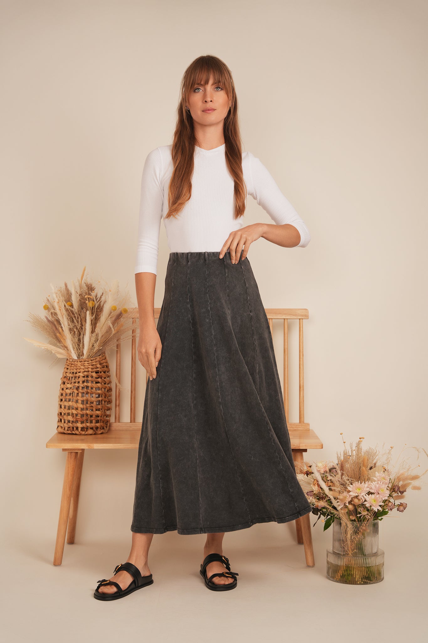 Spades Blk Wash Panel Midi Skirt SB5CM8387SMW