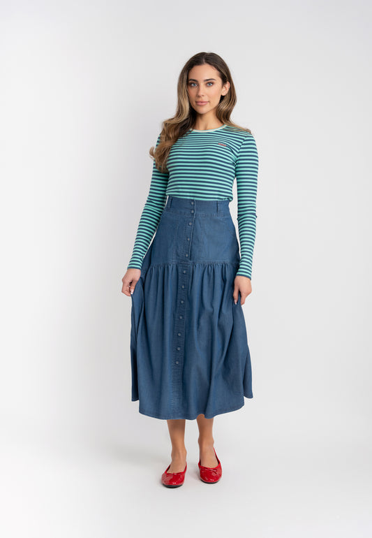FYI Dark Denim Wash Asymetrical Yoke Midi Skirt SB5CPT7137