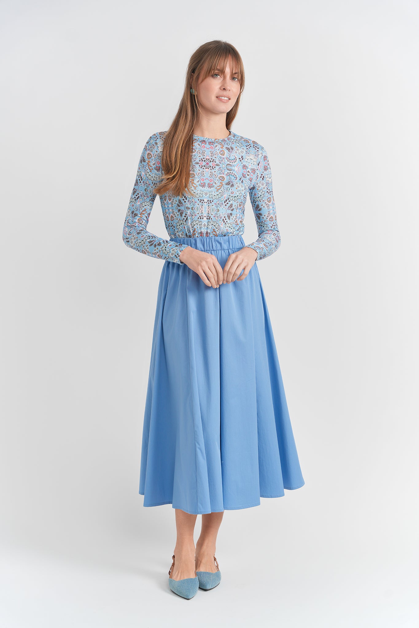 Aspect Denim Midi Paneled Flare Skirt SB6CPT7390S