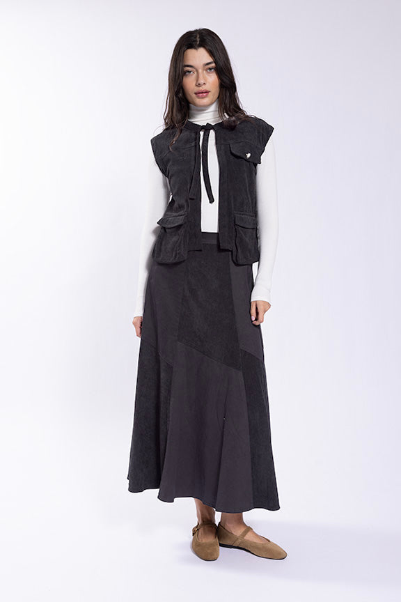 Static Black Corduroy Combo Skirt ST1112B