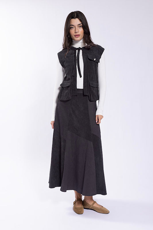 Static Black Corduroy Combo Skirt ST1112B