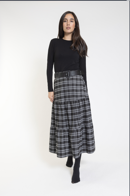 English Black & White Plaid Tiered Skirt TW23426-A