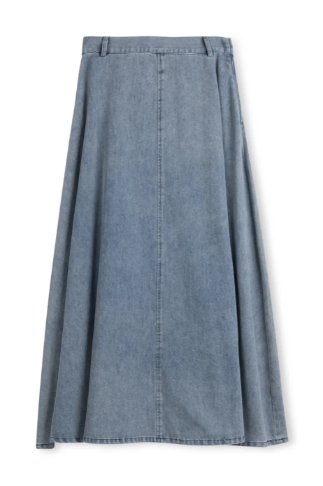 Slate Light Blue Denim Belted Maxi Skirt W-11504