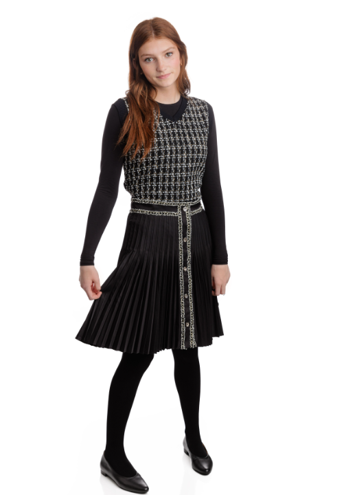 English Black Pleated Skirt with Tweed Trims TW4236ST-A