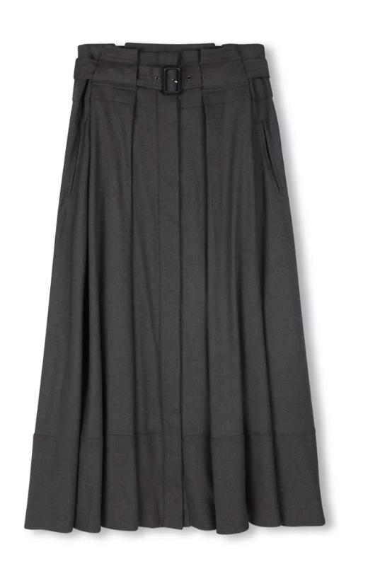 Beige Grey Wool Belted Skirt W-21377