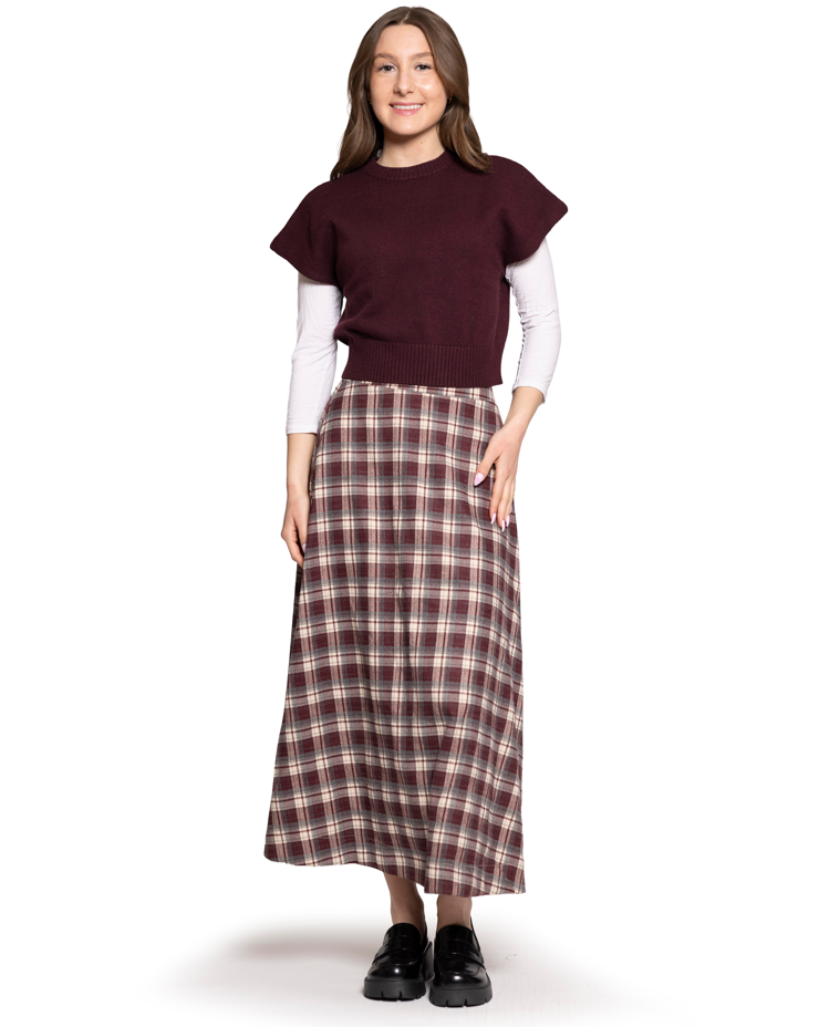 Lilac Grey/Burgundy A Line Plaid Skirt 13159maw