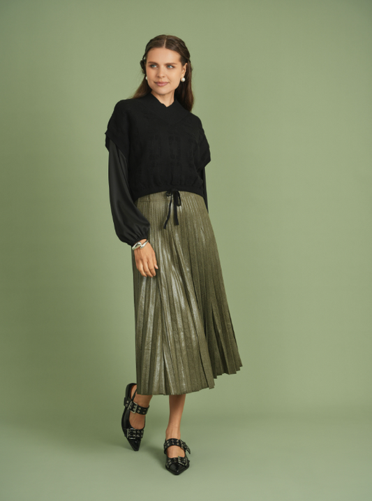 Aspect Olive Leather Crinkle Pleated Skirt WB4CPT7063M