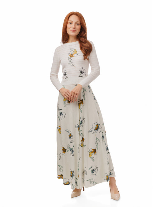 Madison & Park White Linen Skirt With Flowers TS6244S-A