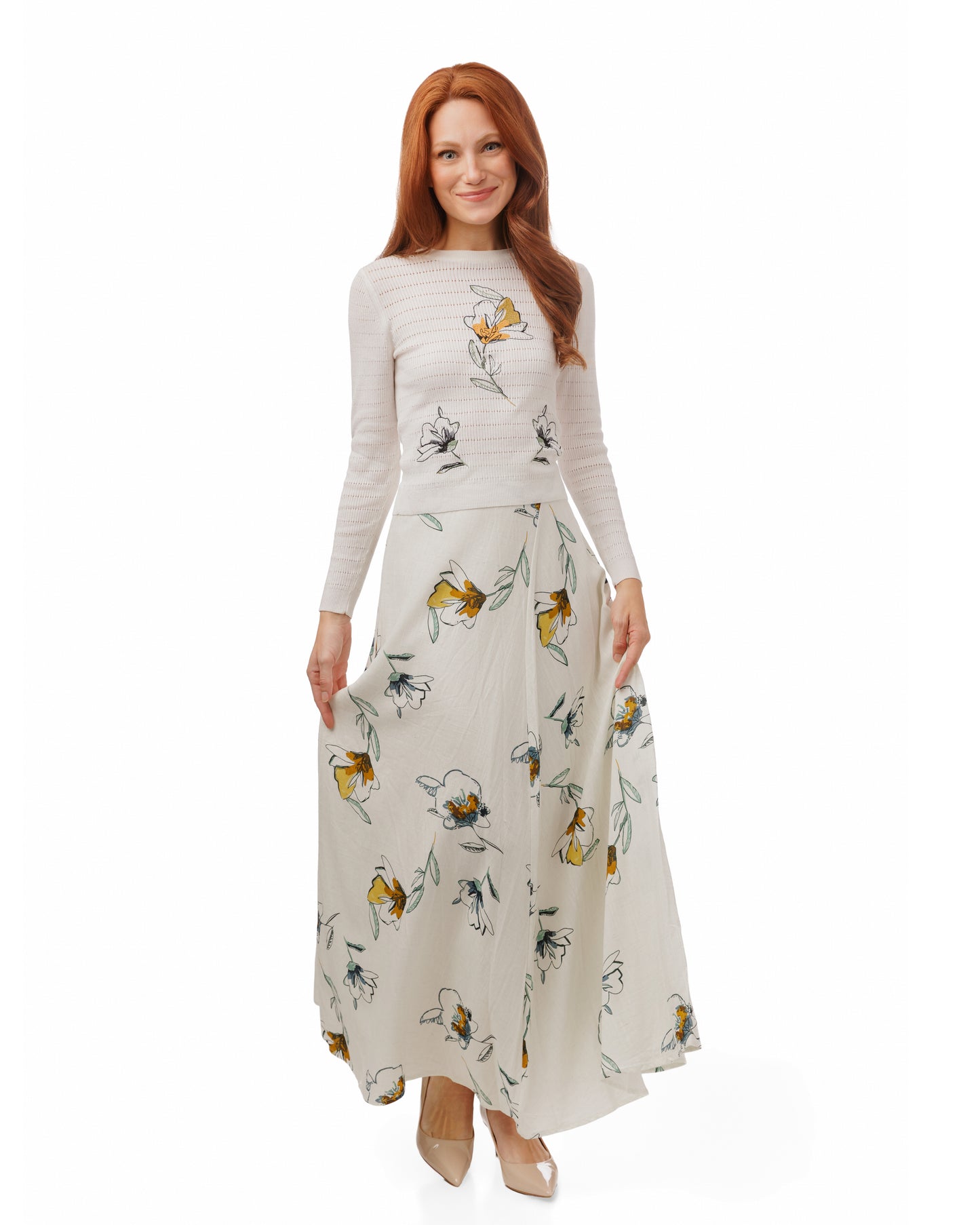 Madison & Park White Linen Skirt With Flowers TS6244S-A