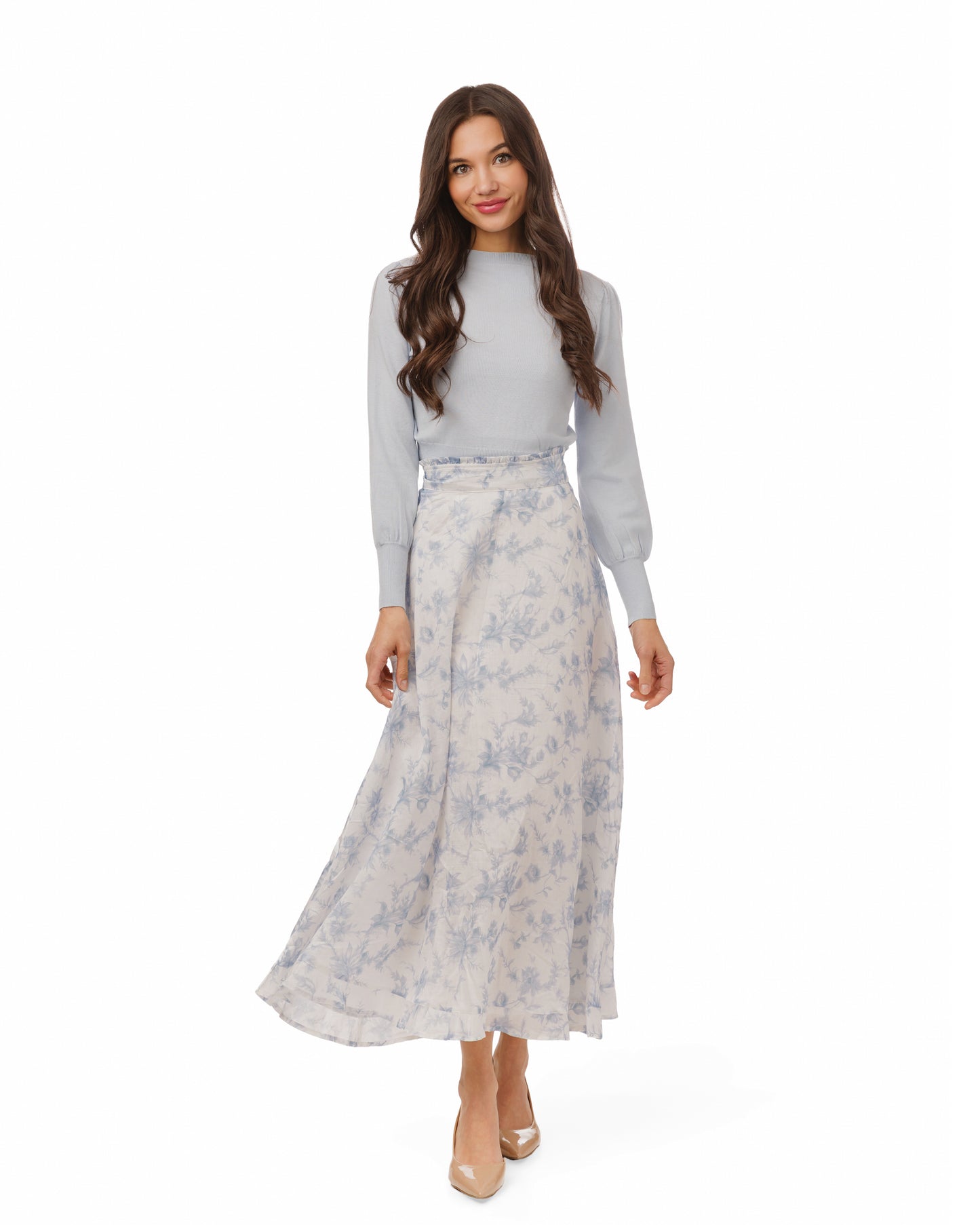 LA Simona Light Blue & White Printed Floral Chiffon Skirt TS6113S-A