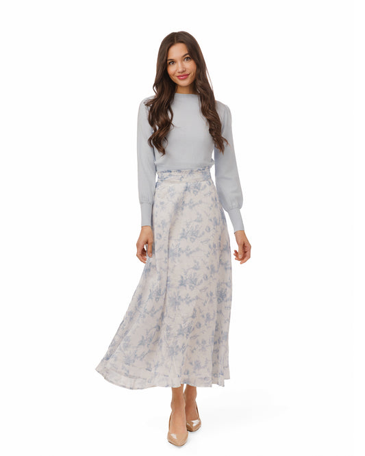 LA Simona Light Blue & White Printed Floral Chiffon Skirt TS6113S-A